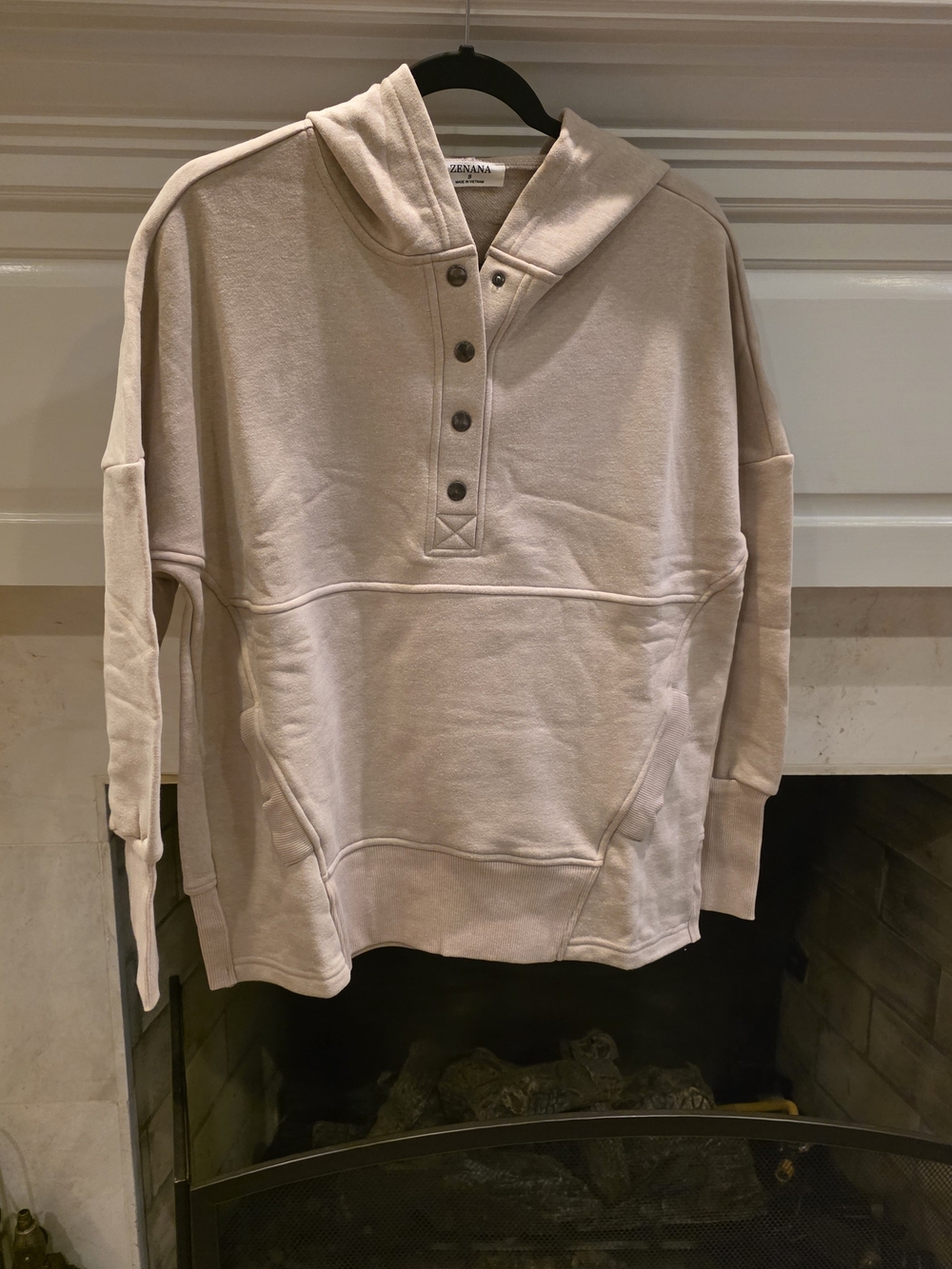 Zenana Outfitters Women's Light Beige Button-Placket Hoodie